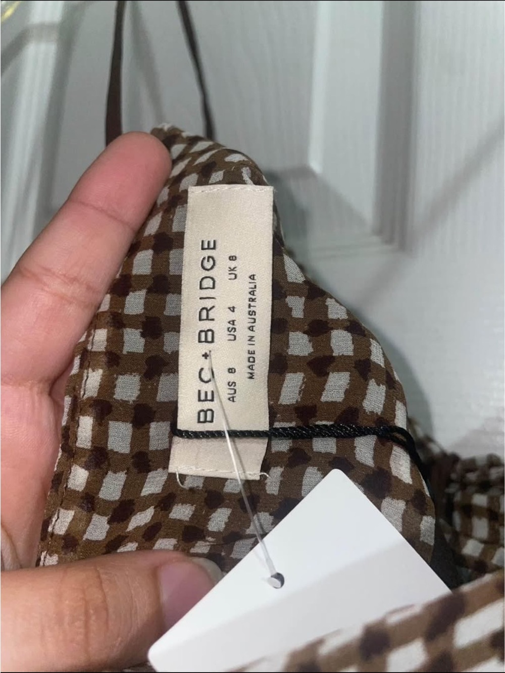bec + bridge Brown and Cream Geometric Check Top